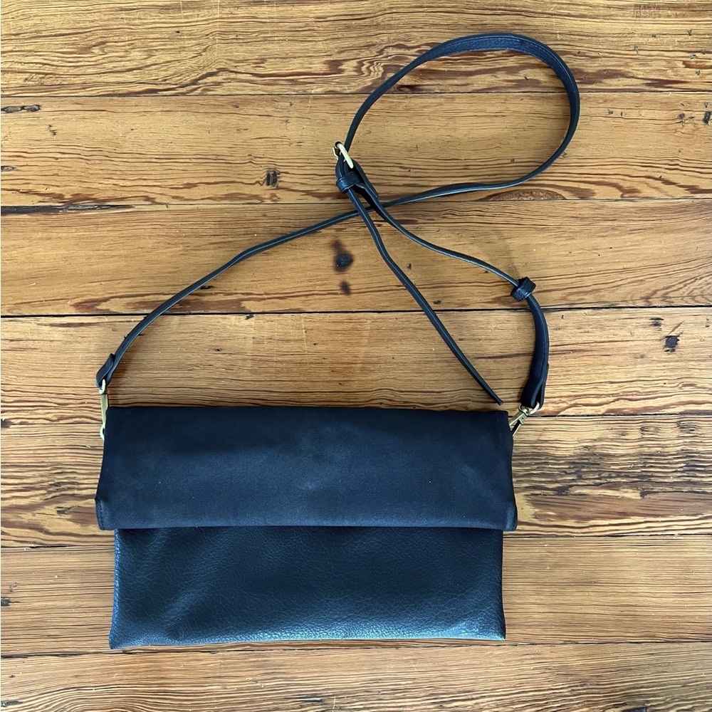 ANTHROPOLOGIE Foldover Convertible Clutch Crossbody Bag Black Leather